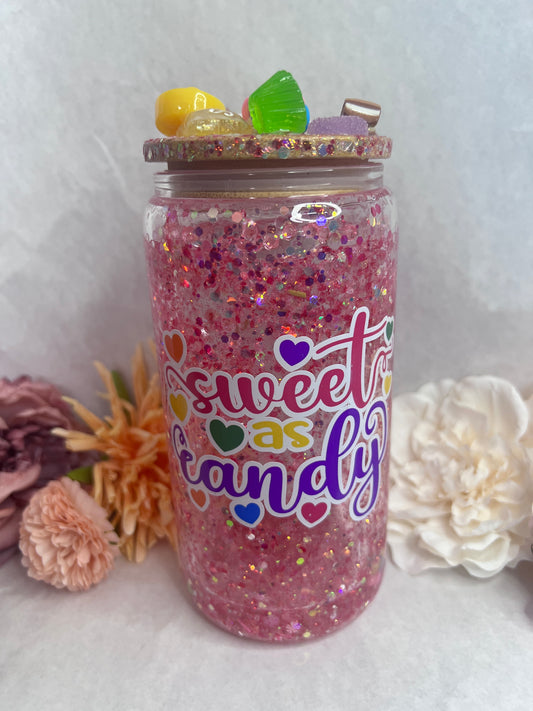 Sweet as candy 160z double walled glitter filled snow globe tumbler.