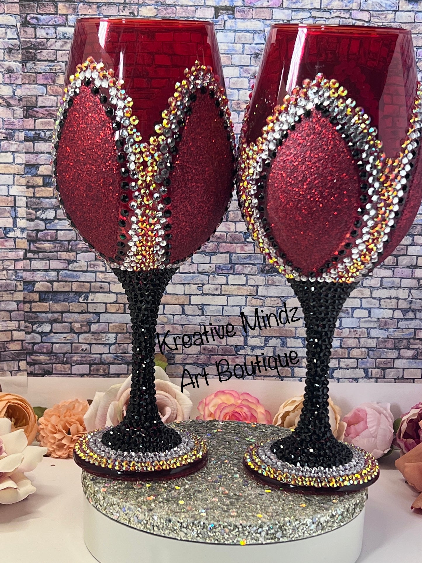 Rhinestone wine glasses hand designed.